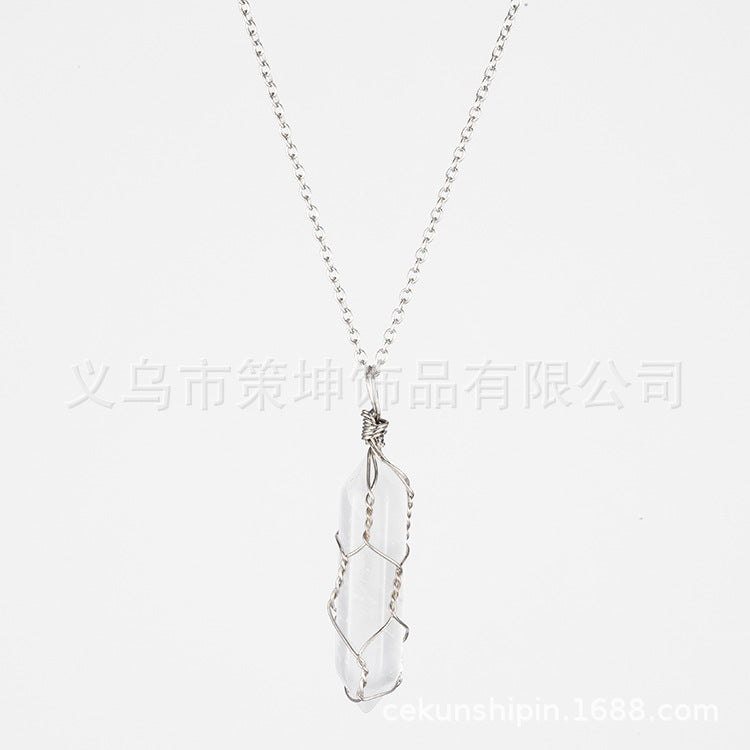 European and American hot-selling models -- Hexagonal column crystal wire necklace hand-wound natural stone crystal pendant