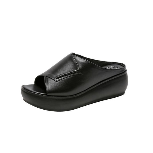 women's slippers soft leather thick bottom increased soft bottom shoes fish mouth slipper (Plastic bag packaging)