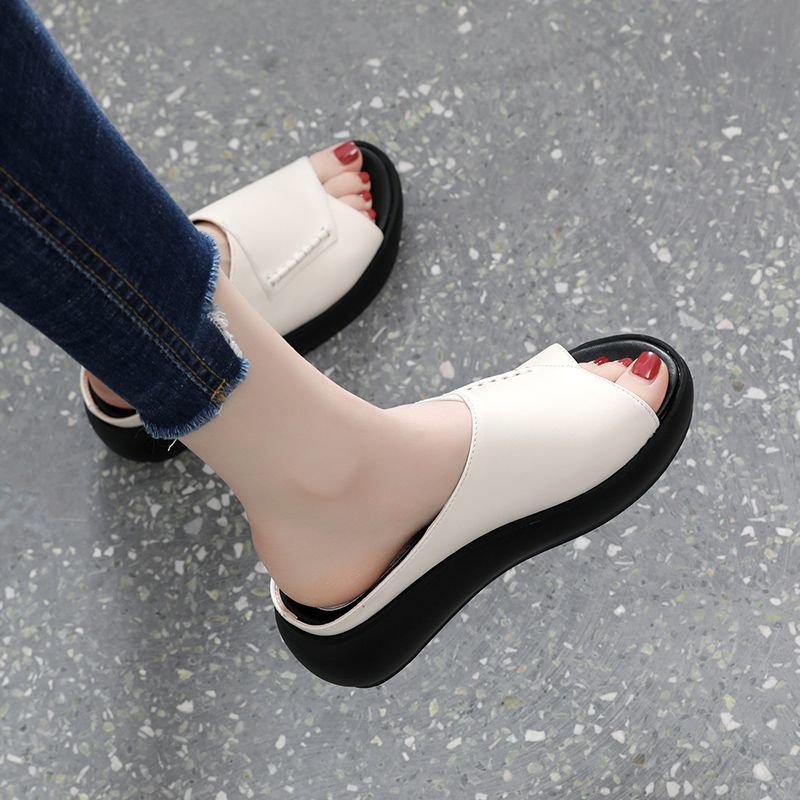 women's slippers soft leather thick bottom increased soft bottom shoes fish mouth slipper (Plastic bag packaging)