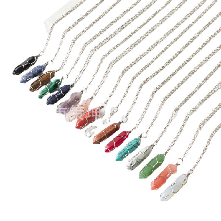 European and American hot-selling models -- Hexagonal column crystal wire necklace hand-wound natural stone crystal pendant