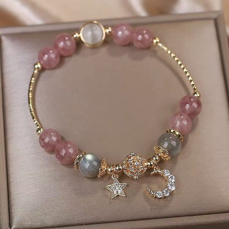Badu crystal bracelet - strawberry crystal - white moonlight - yellow hair crystal --- FOR LUCK, FORTUNE, LOVE