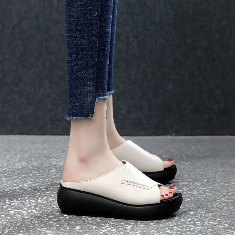 women's slippers soft leather thick bottom increased soft bottom shoes fish mouth slipper (Plastic bag packaging)
