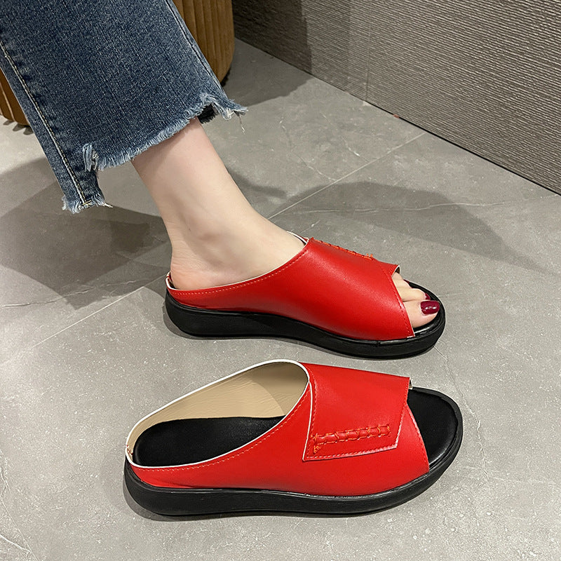 women's slippers soft leather thick bottom increased soft bottom shoes fish mouth slipper (Plastic bag packaging)