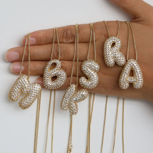 Elegant brass zircon balloon bubble chubby 26 English letter necklace