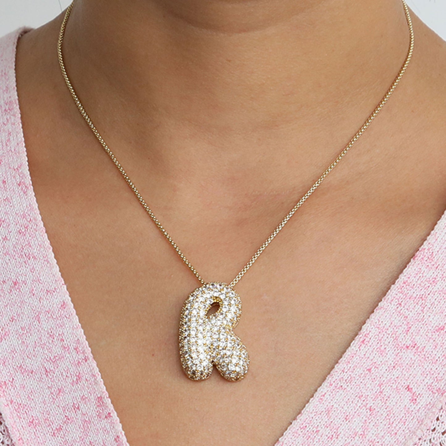 Elegant brass zircon balloon bubble chubby 26 English letter necklace