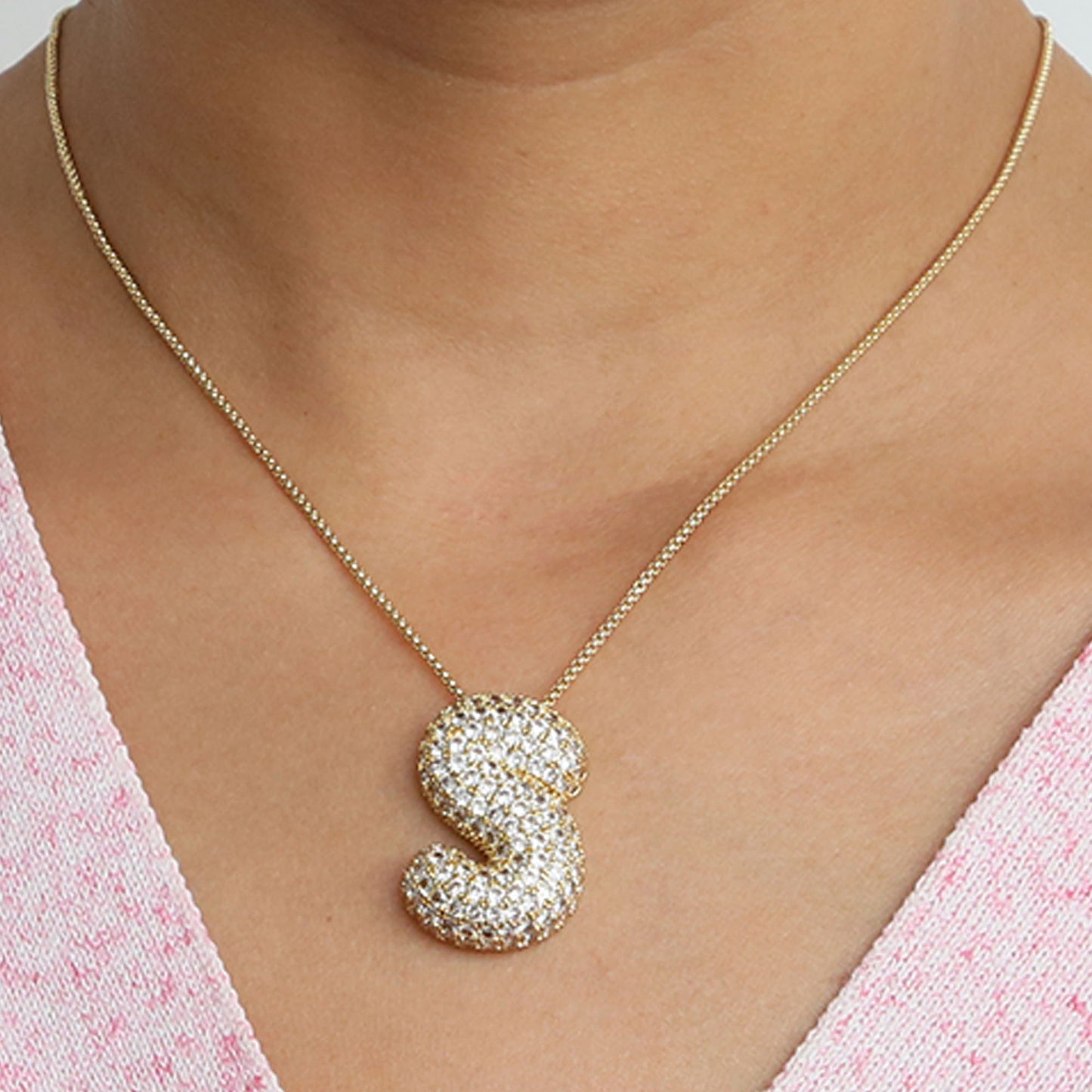 Elegant brass zircon balloon bubble chubby 26 English letter necklace