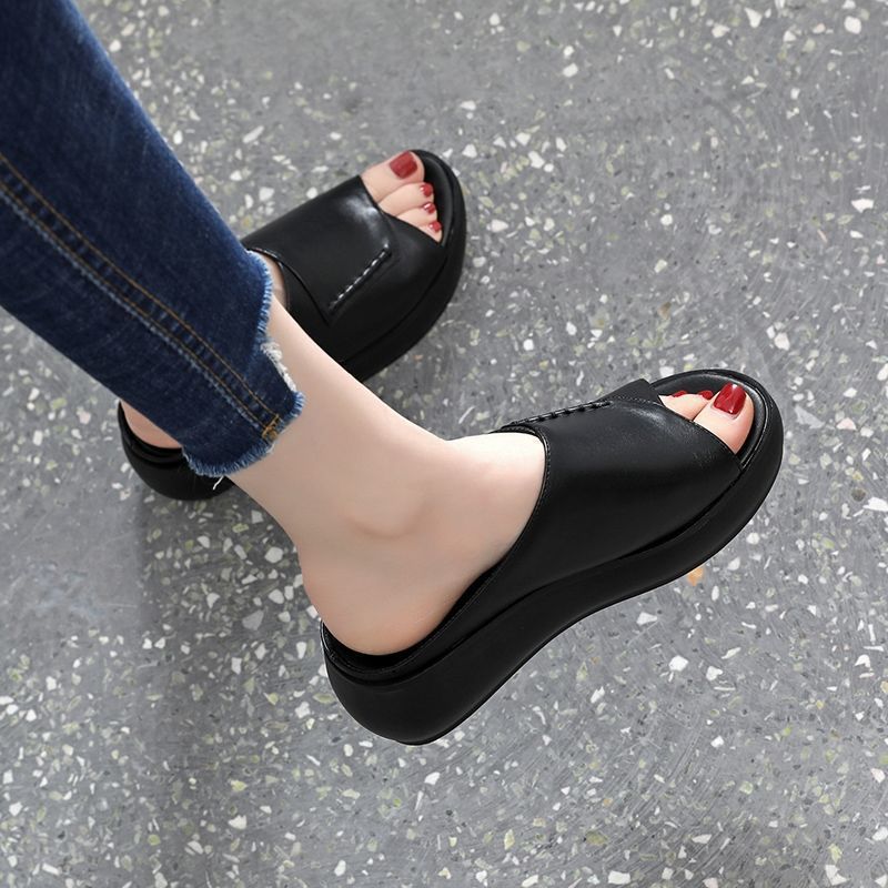 women's slippers soft leather thick bottom increased soft bottom shoes fish mouth slipper (Plastic bag packaging)